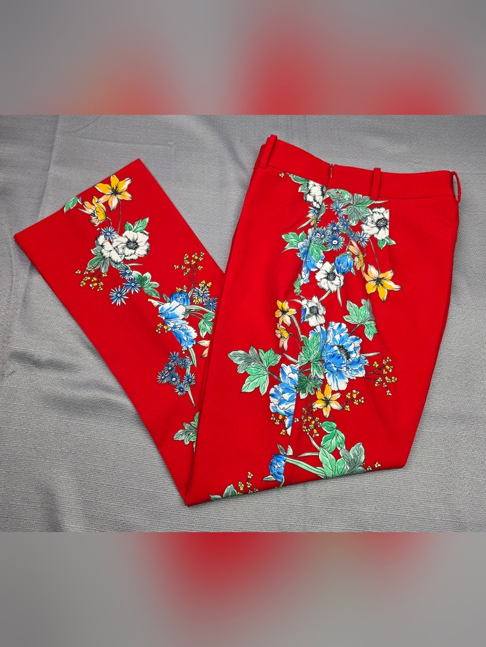 Zara Basics Red Floral Trousers Pants Women's Size M High Rise Side Zip